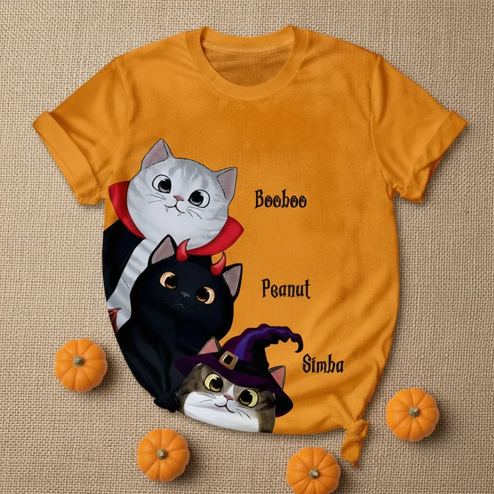 Classic Tee with Whimsical Cat Print, Halloween Vibes, Heartwarming Gift Option for Friends
