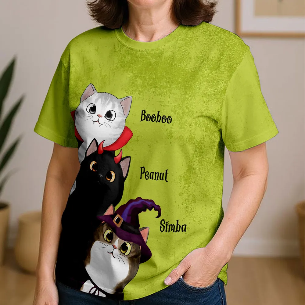 Classic Tee with Whimsical Cat Print, Halloween Vibes, Heartwarming Gift Option for Friends - Image 3