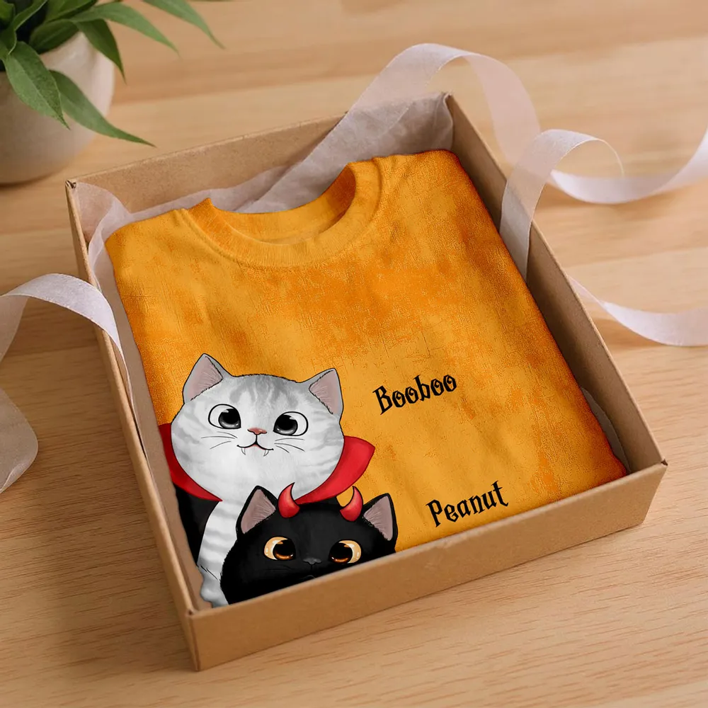 Classic Tee with Whimsical Cat Print, Halloween Vibes, Heartwarming Gift Option for Friends - Image 4