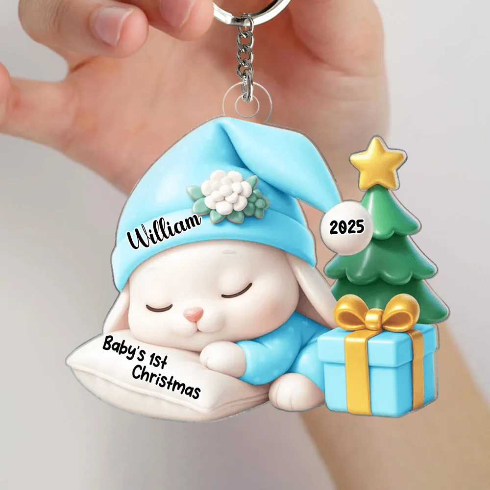 Acrylic Ornament for Baby’s First Christmas – sleeping bunny with tree and gift, pastel blue, gift-ready keepsake for new parents - Image 2