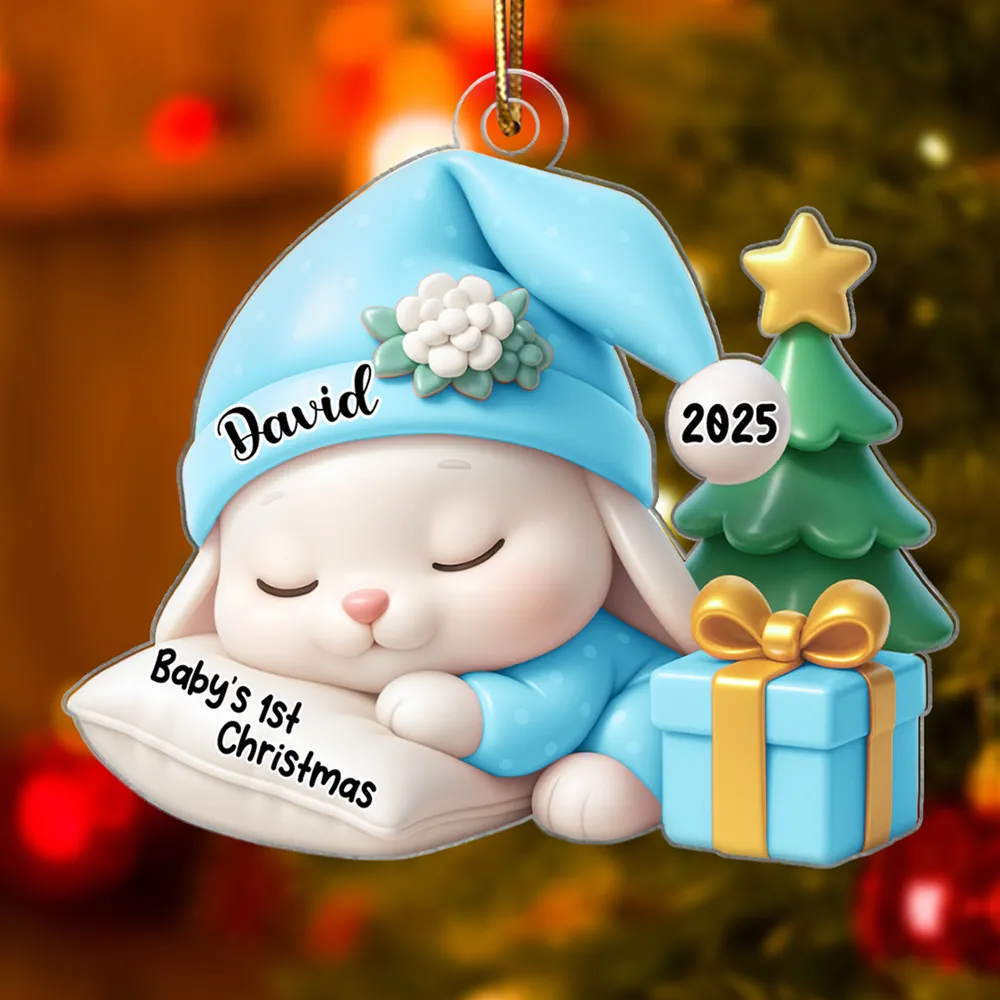 Acrylic Ornament for Baby’s First Christmas – sleeping bunny with tree and gift, pastel blue, gift-ready keepsake for new parents - Image 8