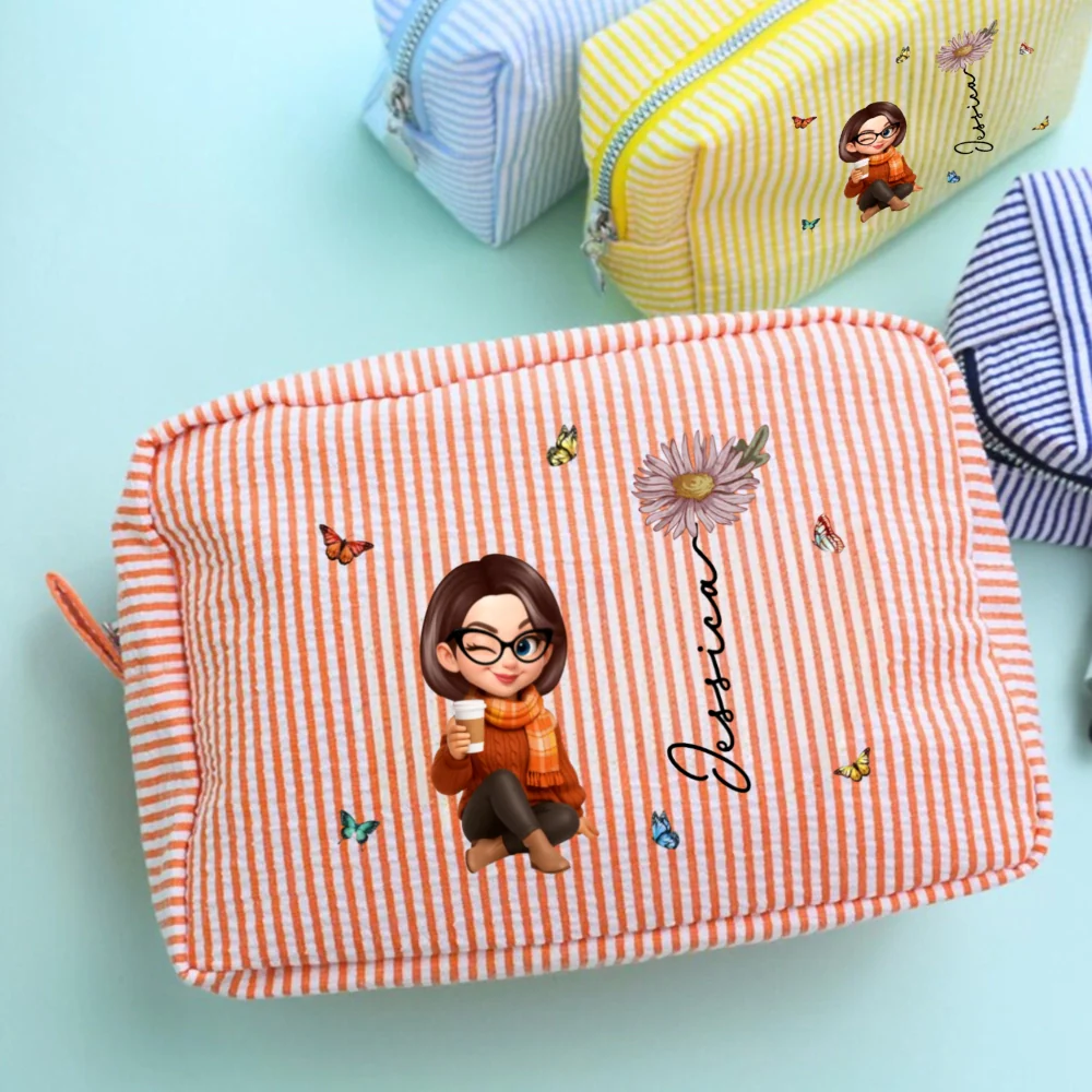 Stripes Makeup Bag with Cartoon Character Design, Portable Storage, Perfect Gift for Women - Image 2