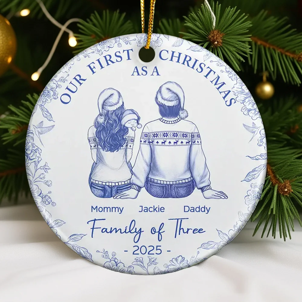 Ceramic Ornament for Our First Christmas, warm family illustration, perfect gift for parents