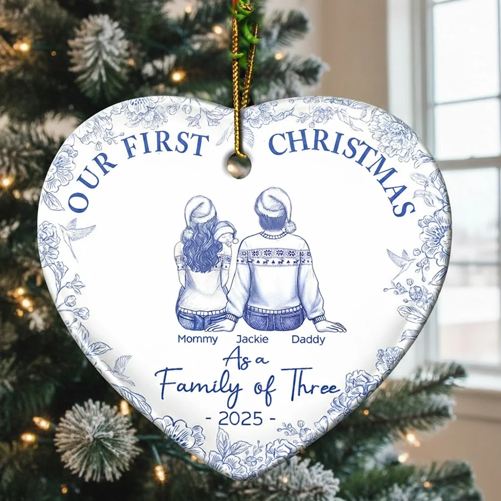 Ceramic Heart Ornament for First Christmas – Custom Family or Pets Illustration, Sentimental Keepsake, Perfect Gift for Loved Ones