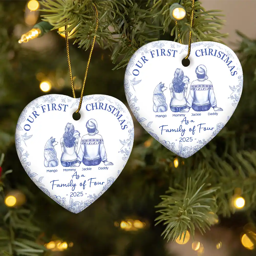 Ceramic Heart Ornament for First Christmas – Custom Family or Pets Illustration, Sentimental Keepsake, Perfect Gift for Loved Ones - Image 2