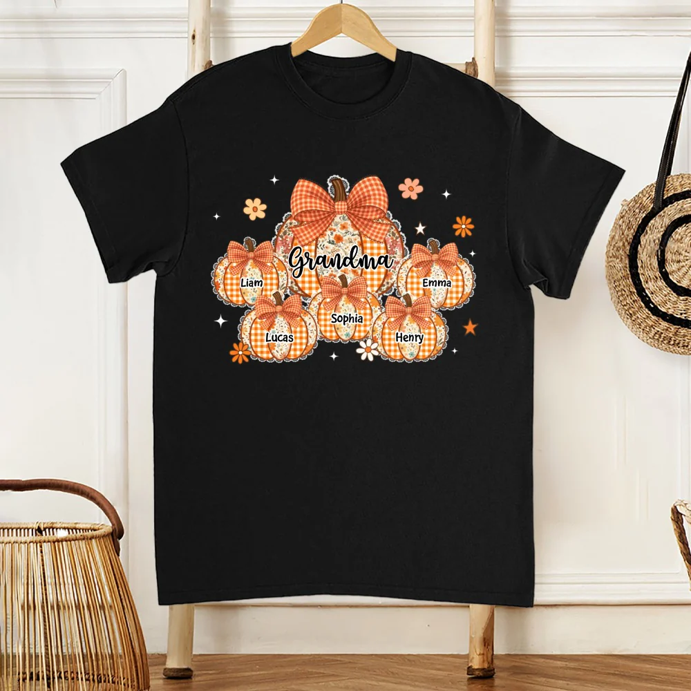 Grandma Pumpkin T-Shirt Personalized Family Names Autumn Theme Cozy Apparel Perfect Gift for Grandma