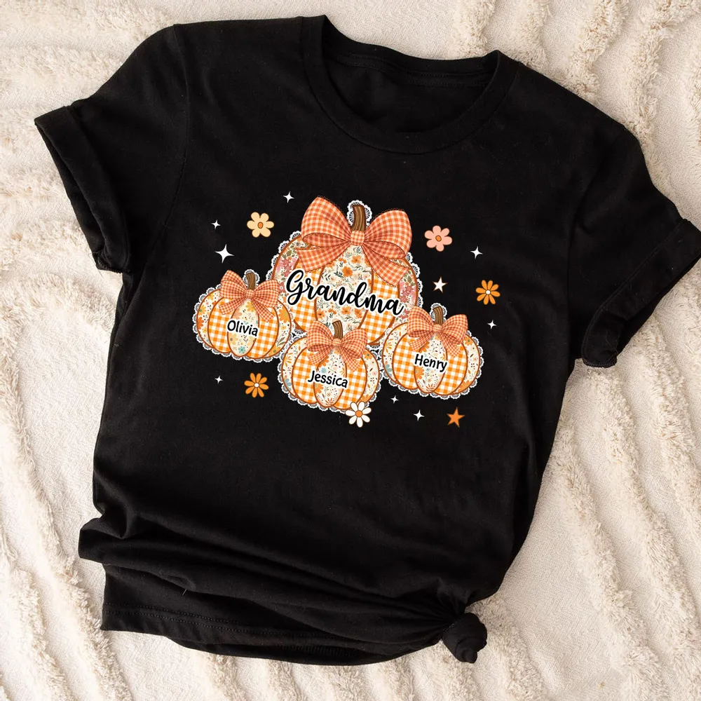 Grandma Pumpkin T-Shirt Personalized Family Names Autumn Theme Cozy Apparel Perfect Gift for Grandma - Image 2