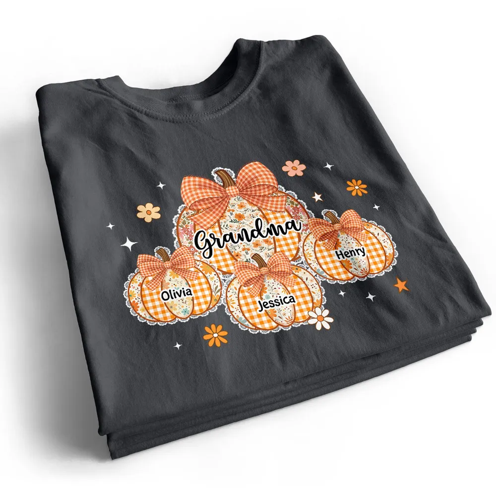 Grandma Pumpkin T-Shirt Personalized Family Names Autumn Theme Cozy Apparel Perfect Gift for Grandma - Image 3