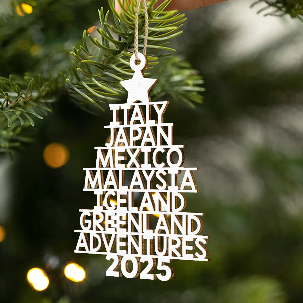 Wooden Ornament travel tree with stacked country names, minimalist star topper, adventure keepsake for travelers, gift-ready for Christmas trees - Image 2