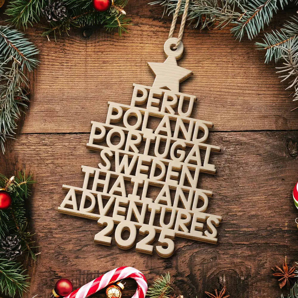 Wooden Ornament travel tree with stacked country names, minimalist star topper, adventure keepsake for travelers, gift-ready for Christmas trees - Image 5