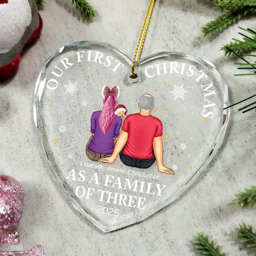 Crystal Heart Ornament for Christmas tree, cozy couple illustration with little one, keepsake, gift-ready for new parents and families - Image 5