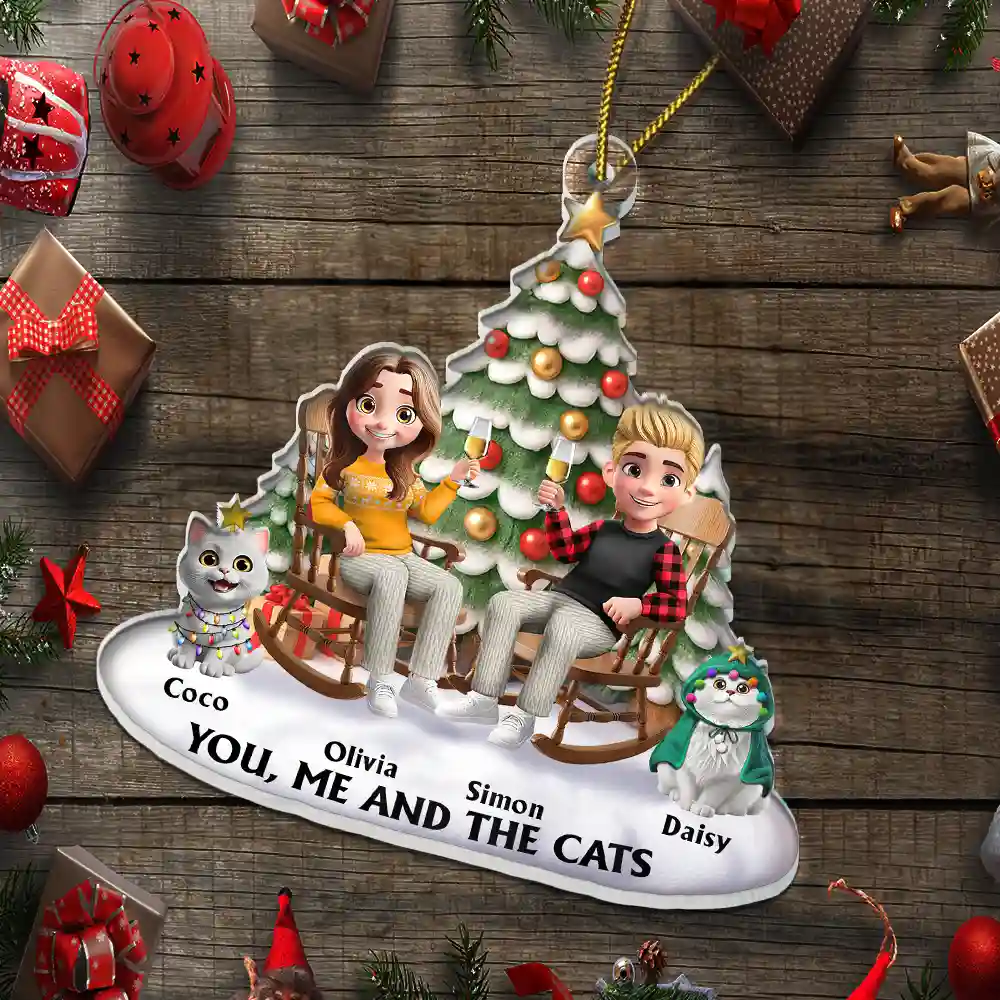 Acrylic Ornament featuring a couple and their cat under a festive tree – warm, photo-friendly décor and a perfect gift for cat-loving families - Image 7