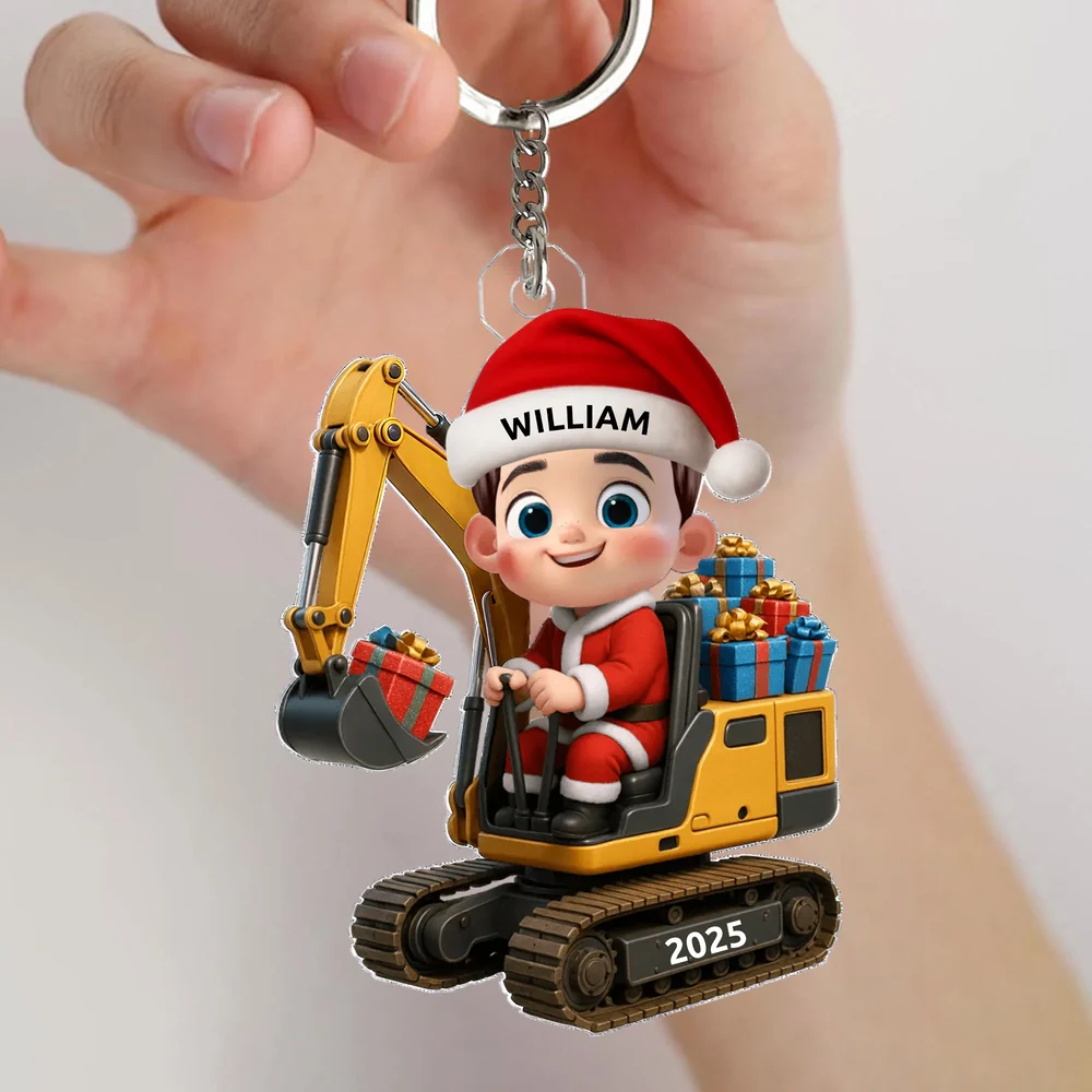 Christmas Acrylic Ornament with Cute Excavator and Santa Kid – Festive Decoration & Perfect Gift for Children - Image 2