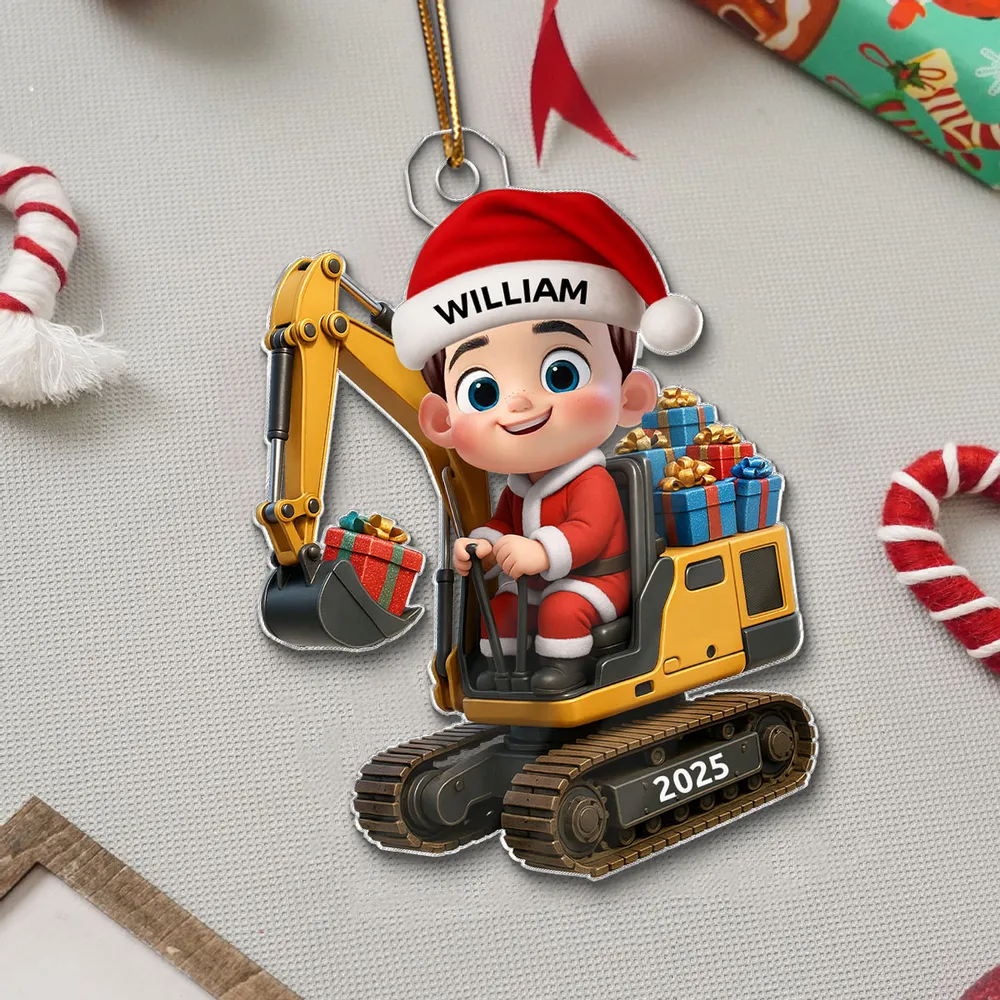 Christmas Acrylic Ornament with Cute Excavator and Santa Kid – Festive Decoration & Perfect Gift for Children - Image 4