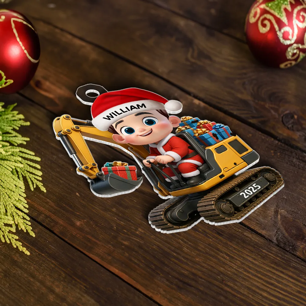 Christmas Acrylic Ornament with Cute Excavator and Santa Kid – Festive Decoration & Perfect Gift for Children - Image 6
