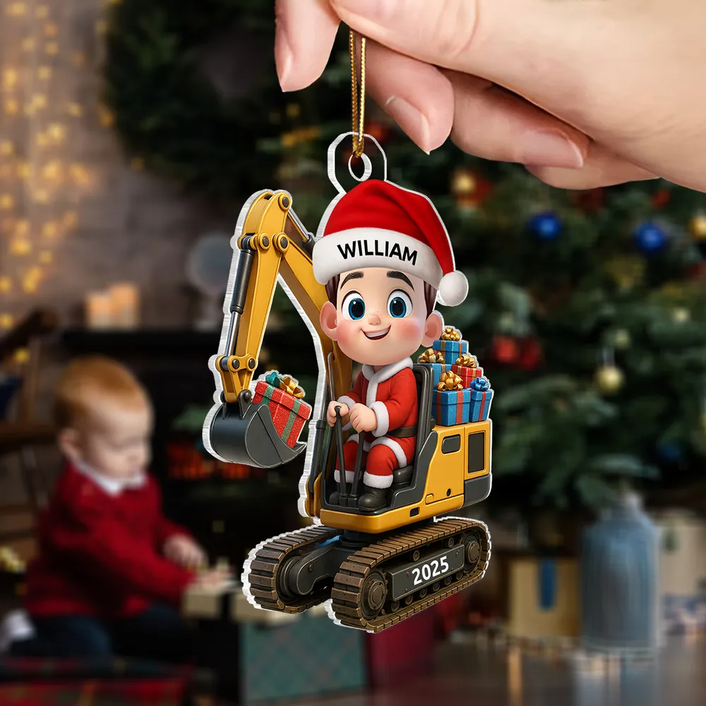 Christmas Acrylic Ornament with Cute Excavator and Santa Kid – Festive Decoration & Perfect Gift for Children - Image 8