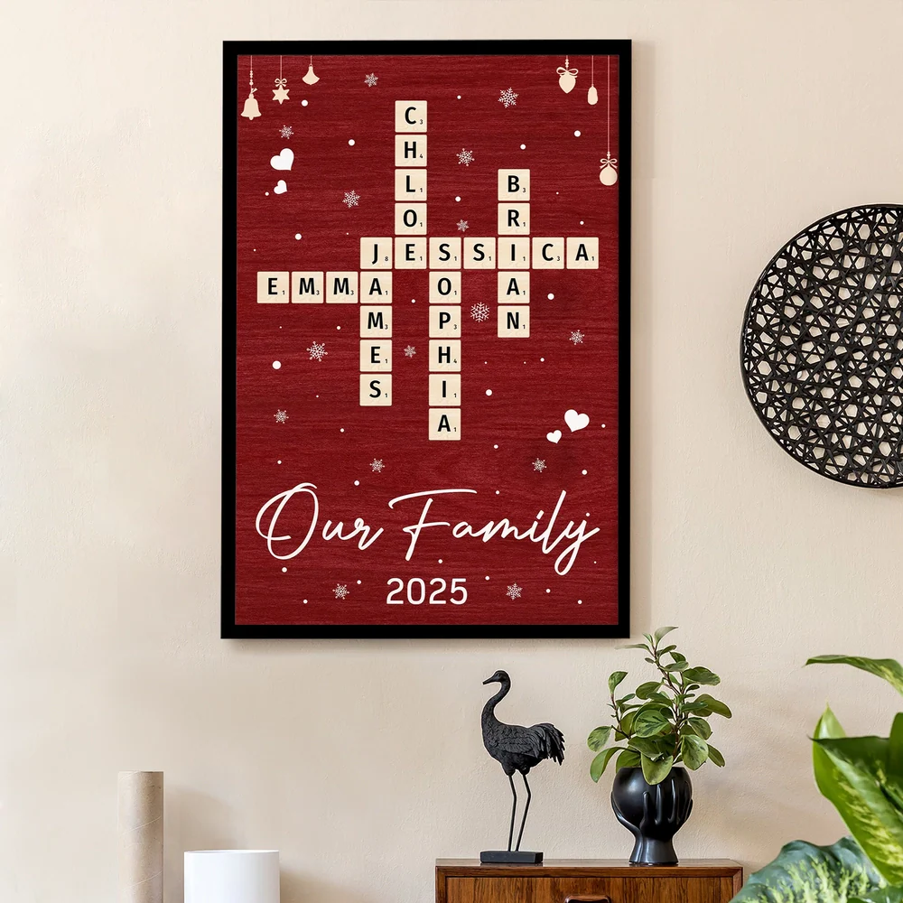 Family Name Crossword Poster | Red Background | Crisp Print & Textured Finish | Perfect Gift for Families