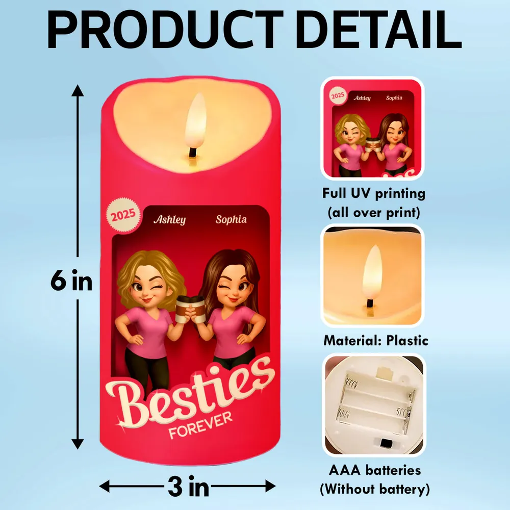 Besties Forever Flameless LED Candle | Warm Pink Glow | Printed Friendship Gift for Best Friends - Image 5
