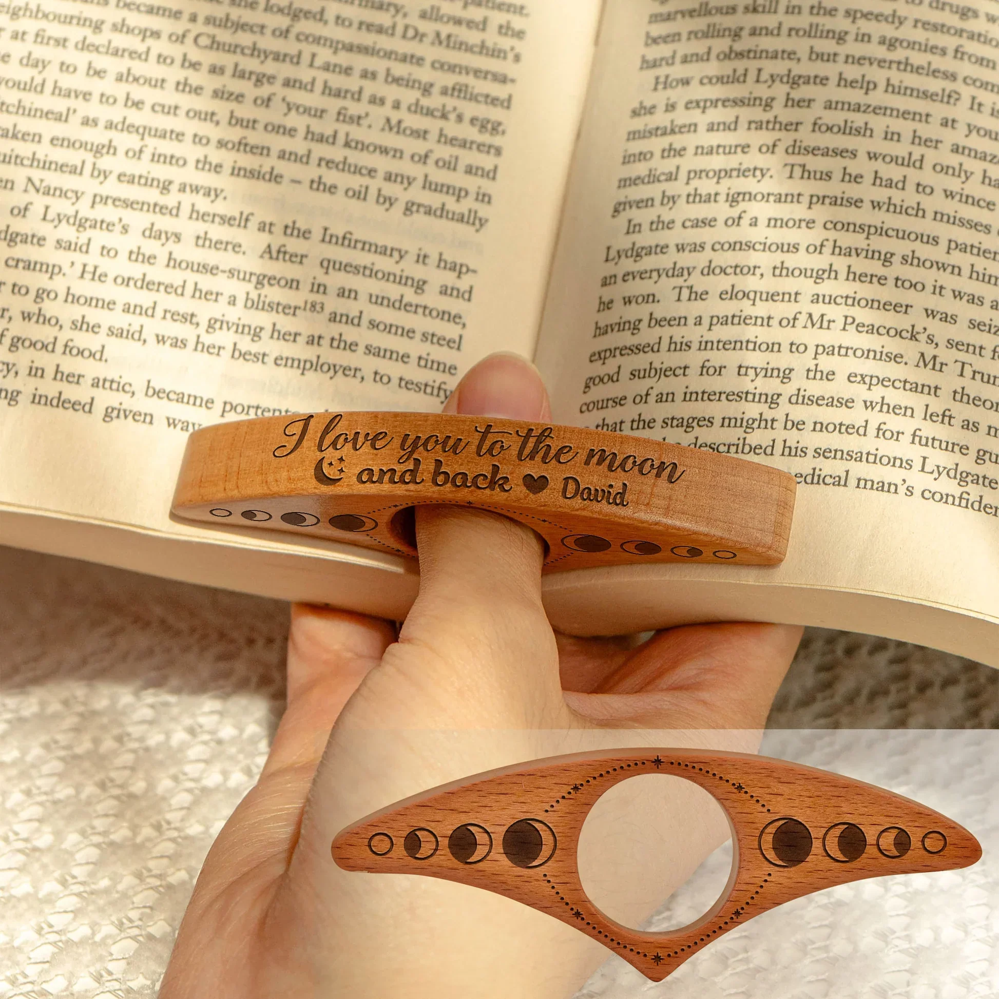 Book Page Holder with Wooden Engraved Design, A Practical and Heartwarming Gift for Readers