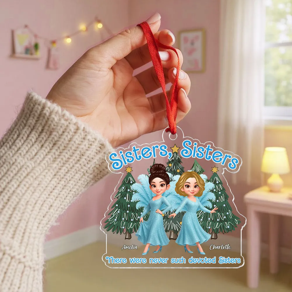 Personalized Sisters Acrylic Ornament featuring glitter blue dress design, holiday decoration and keepsake gift - Image 3
