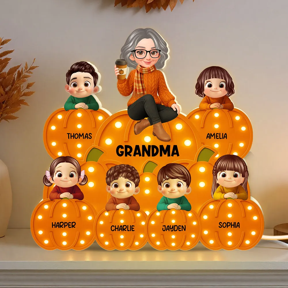 Personalized Acrylic Light Box for Grandma and Grandkids, pumpkin stack design, warm glow, fall décor keepsake, perfect gift for Halloween and Thanksgiving