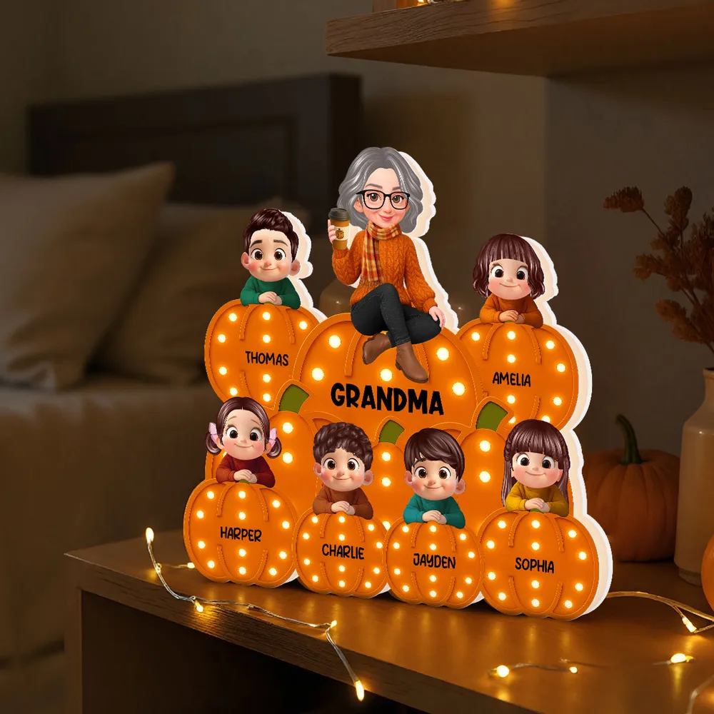 Personalized Acrylic Light Box for Grandma and Grandkids, pumpkin stack design, warm glow, fall décor keepsake, perfect gift for Halloween and Thanksgiving - Image 2