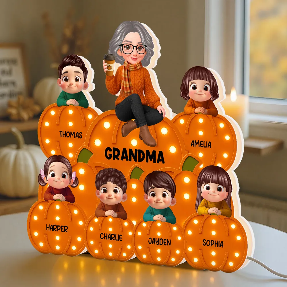 Personalized Acrylic Light Box for Grandma and Grandkids, pumpkin stack design, warm glow, fall décor keepsake, perfect gift for Halloween and Thanksgiving - Image 3