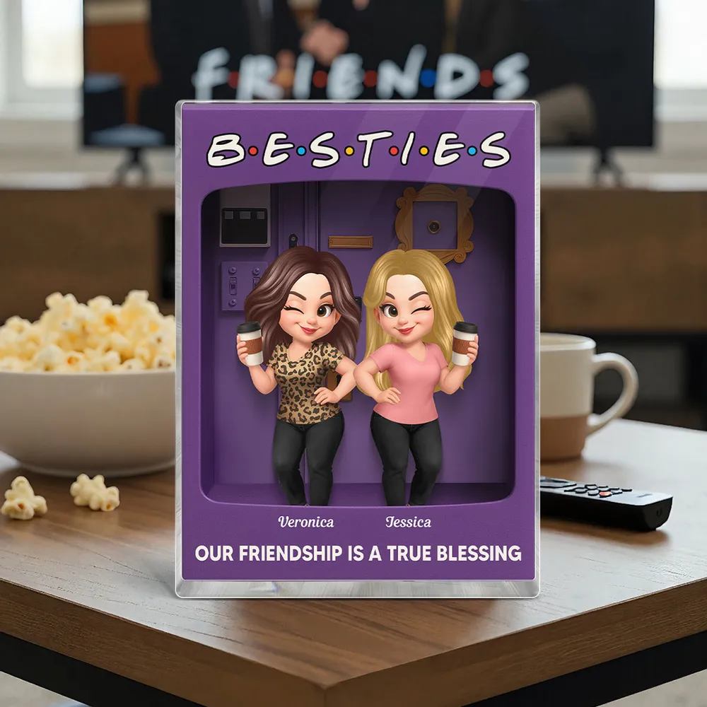 Rectangle Acrylic Block Plaque for Besties — cute characters holding coffee, purple backdrop, perfect friendship gift for birthdays, holidays, and everyday smiles - Image 2