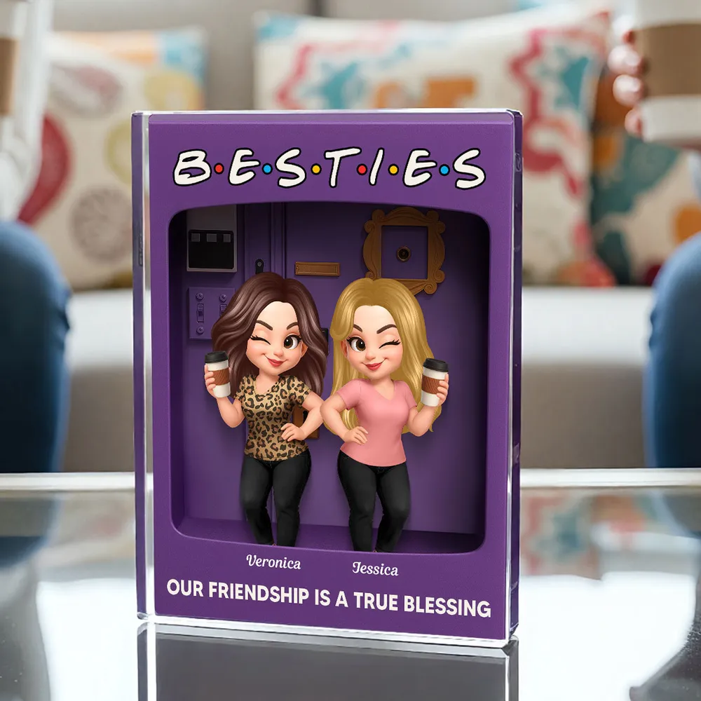Rectangle Acrylic Block Plaque for Besties — cute characters holding coffee, purple backdrop, perfect friendship gift for birthdays, holidays, and everyday smiles - Image 3
