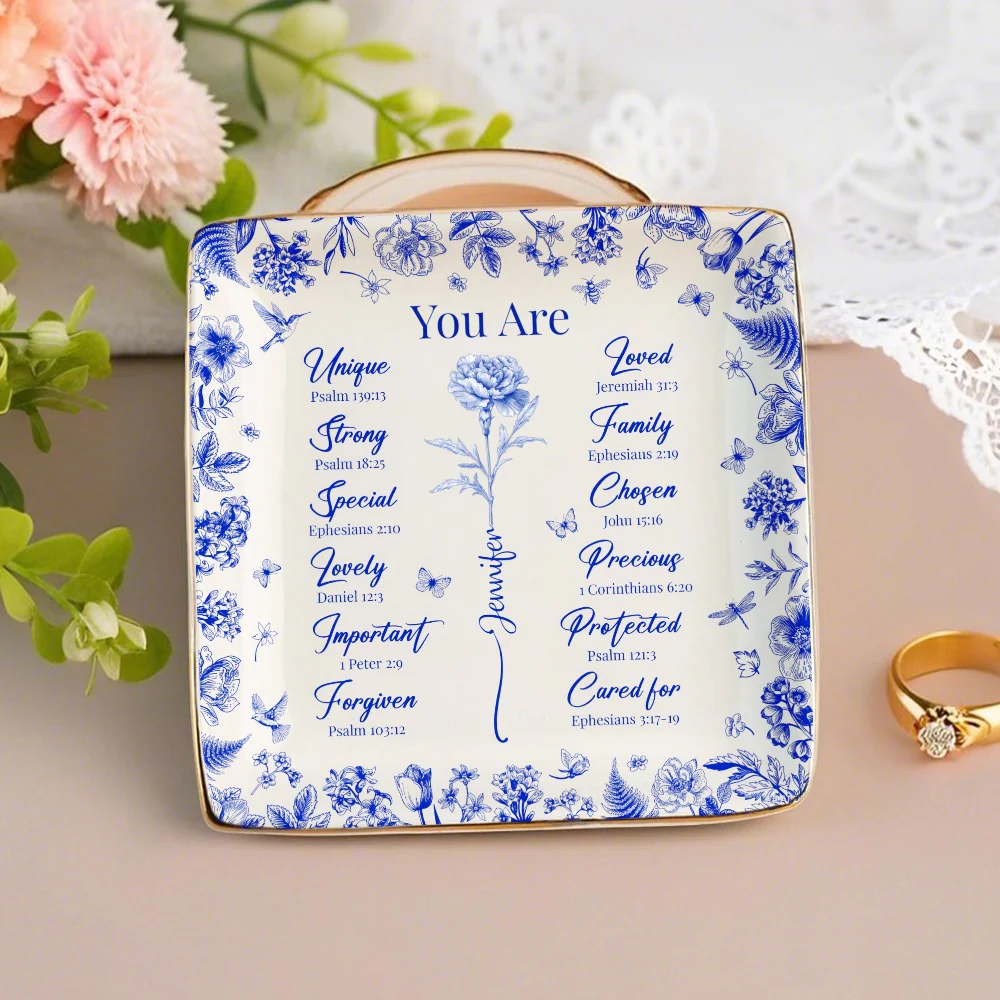 Jewelry Dish for Women, blue floral border with affirmation words, gold rim accents, elegant keepsake, customizable, a thoughtful gift - Image 2