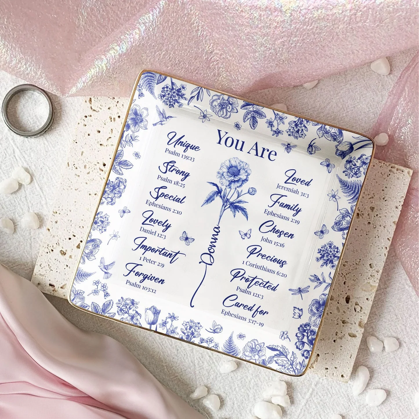 Jewelry Dish for Women, blue floral border with affirmation words, gold rim accents, elegant keepsake, customizable, a thoughtful gift - Image 3