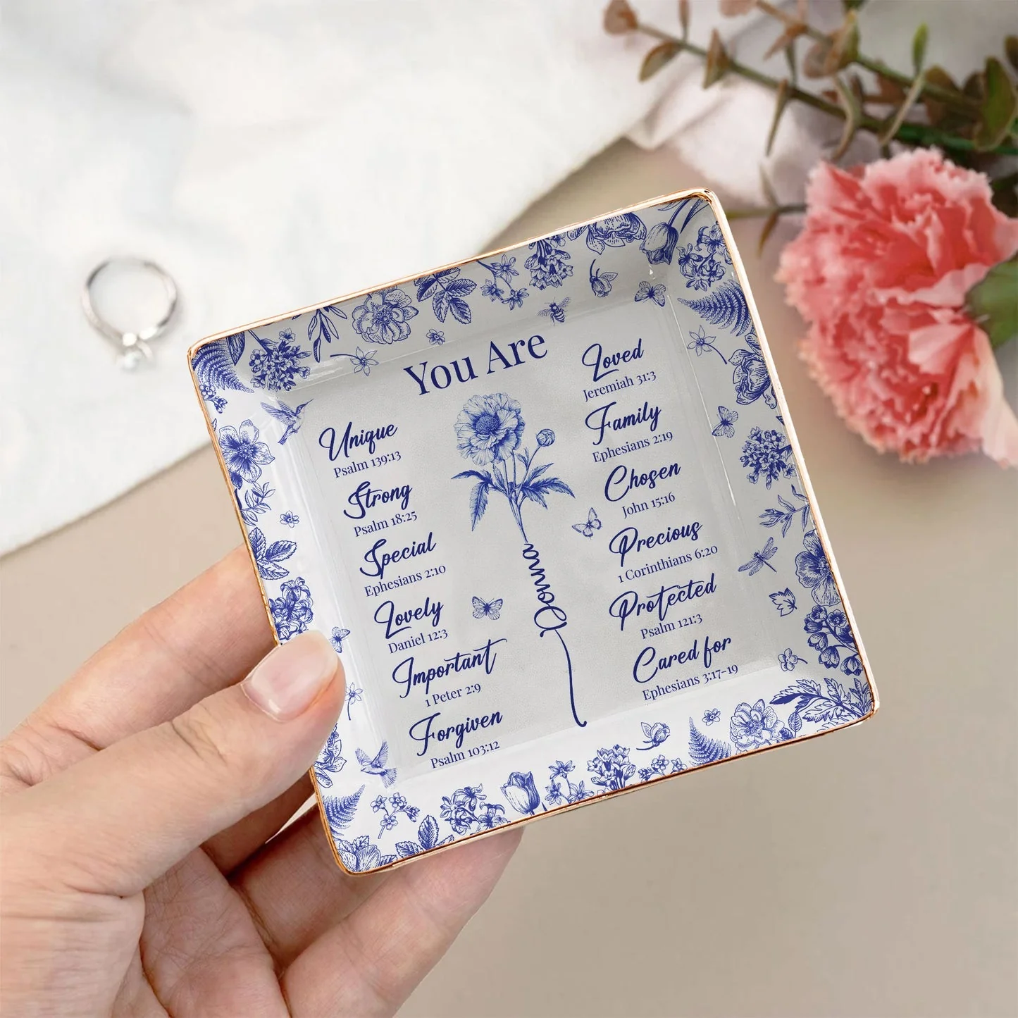 Jewelry Dish for Women, blue floral border with affirmation words, gold rim accents, elegant keepsake, customizable, a thoughtful gift - Image 4