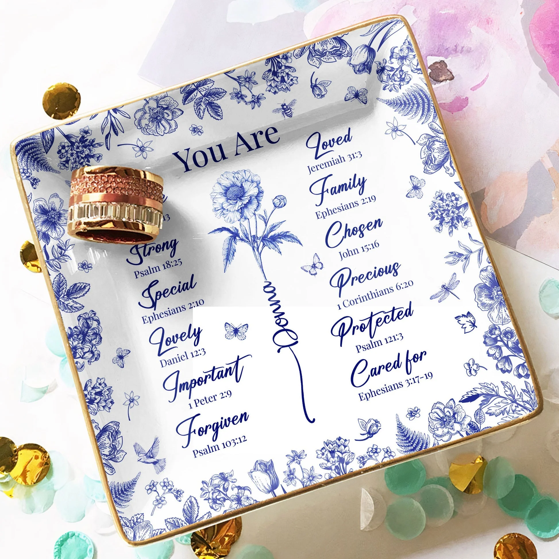 Jewelry Dish for Women, blue floral border with affirmation words, gold rim accents, elegant keepsake, customizable, a thoughtful gift - Image 6