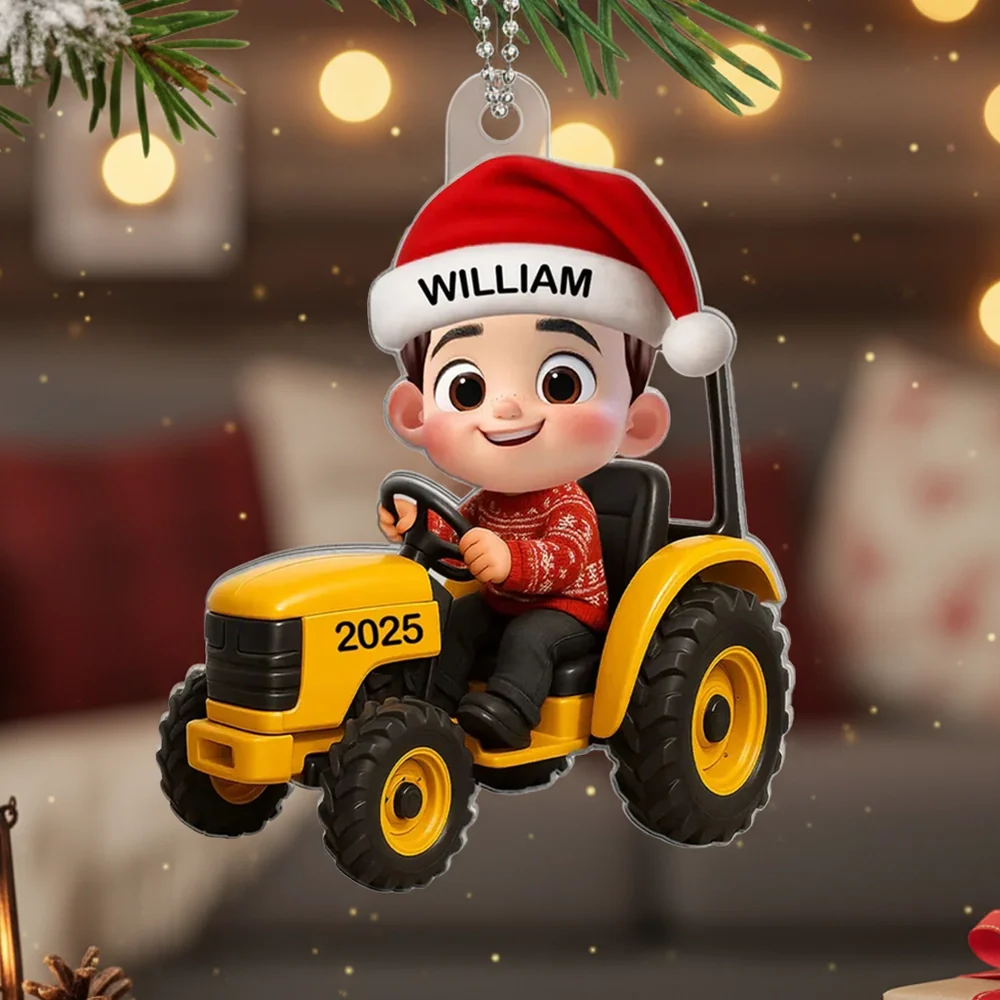Cartoon Boy Tractor Acrylic Ornament with Christmas Cheer, Perfect Gift for Kids