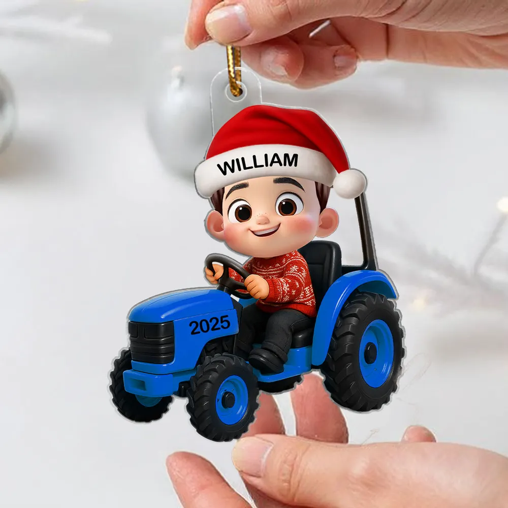 Cartoon Boy Tractor Acrylic Ornament with Christmas Cheer, Perfect Gift for Kids - Image 2