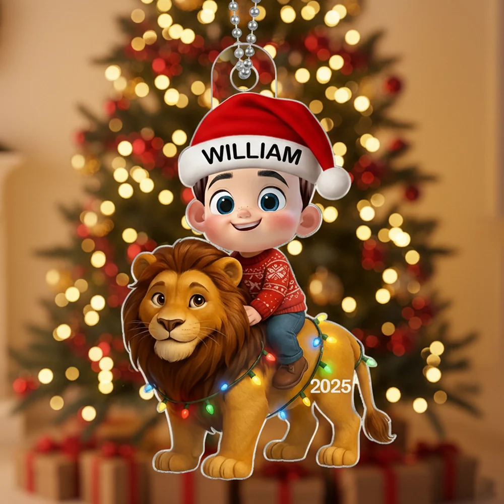Christmas Acrylic Ornament with Cute Child Riding Lion, Festive Illustration, Perfect Gift for Kids