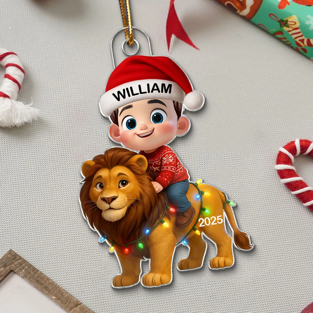 Christmas Acrylic Ornament with Cute Child Riding Lion, Festive Illustration, Perfect Gift for Kids - Image 2
