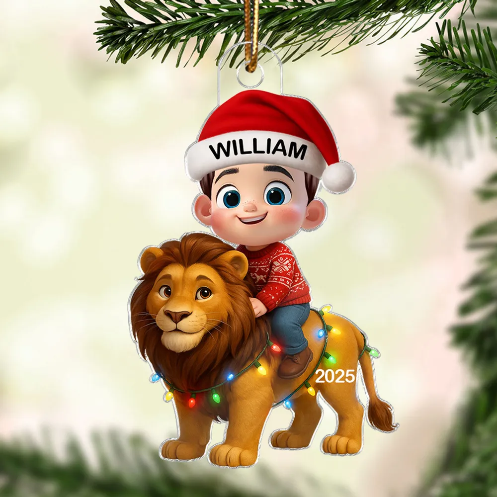 Christmas Acrylic Ornament with Cute Child Riding Lion, Festive Illustration, Perfect Gift for Kids - Image 3