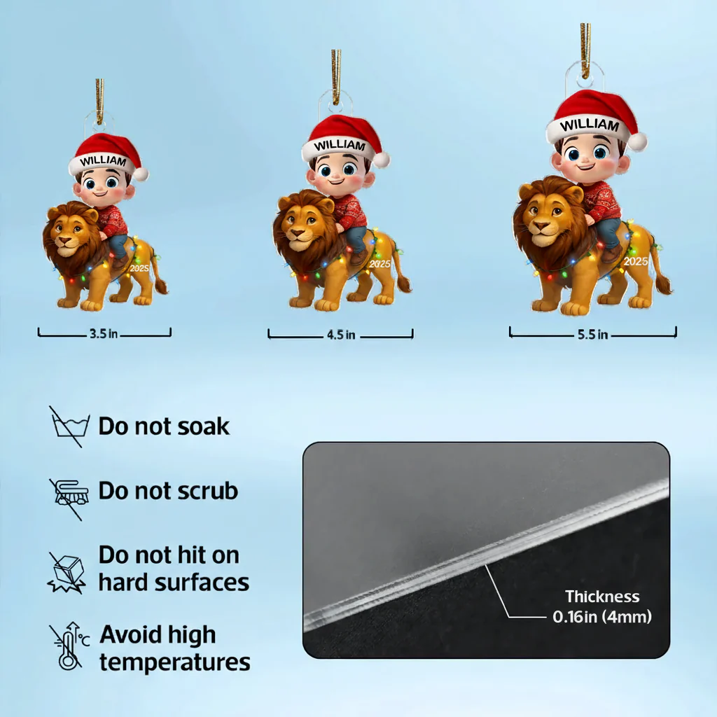 Christmas Acrylic Ornament with Cute Child Riding Lion, Festive Illustration, Perfect Gift for Kids - Image 4