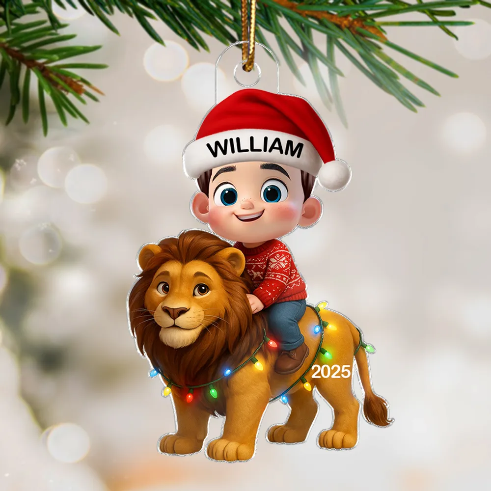 Christmas Acrylic Ornament with Cute Child Riding Lion, Festive Illustration, Perfect Gift for Kids - Image 6