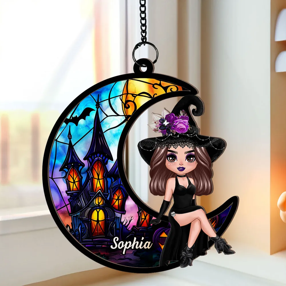 Wood and Acrylic Layered Ornament – Whimsical Moonlight Witch Design, Perfect Gift for Halloween Lovers - Image 2