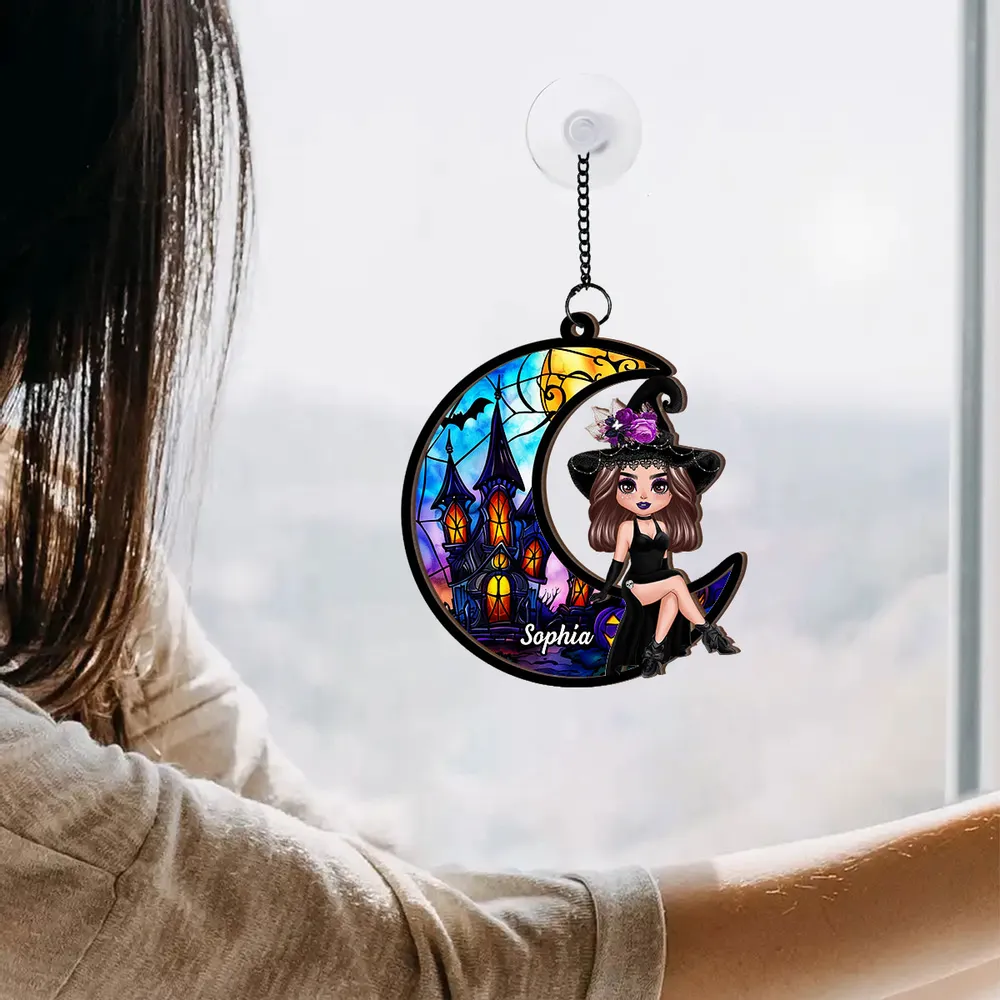 Wood and Acrylic Layered Ornament – Whimsical Moonlight Witch Design, Perfect Gift for Halloween Lovers - Image 3