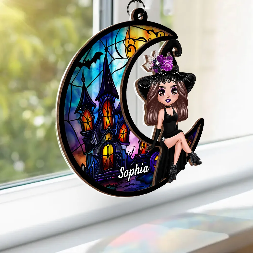 Wood and Acrylic Layered Ornament – Whimsical Moonlight Witch Design, Perfect Gift for Halloween Lovers - Image 5