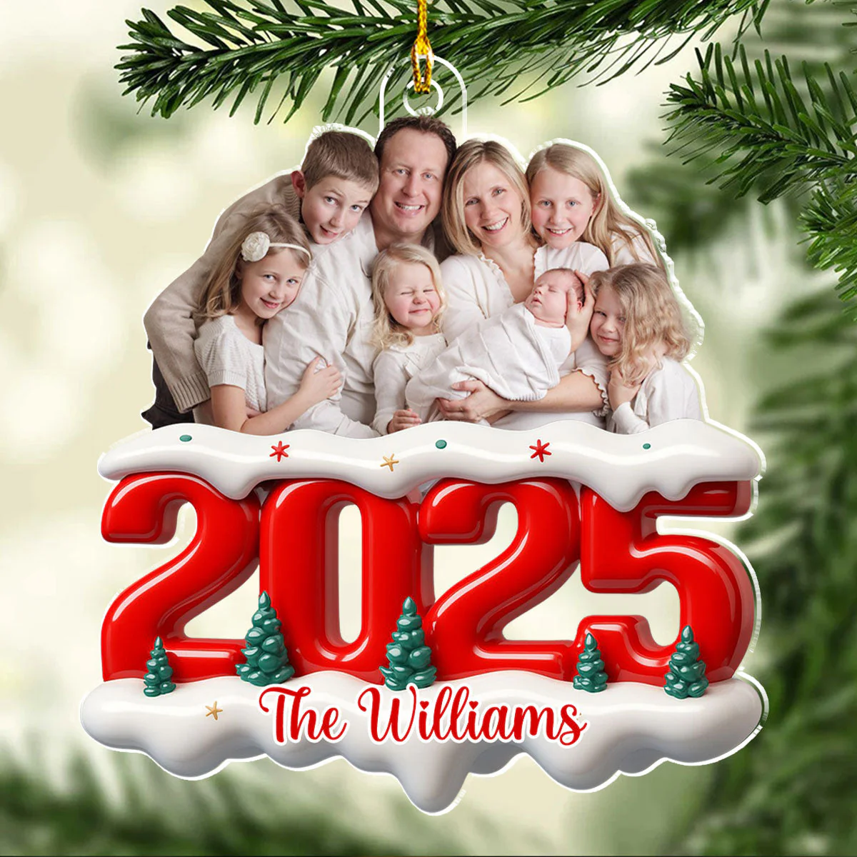 Acrylic Ornament with Custom Photo, Snowy Red Number for Christmas Tree Decor — a unique gift for family or parents - Image 2