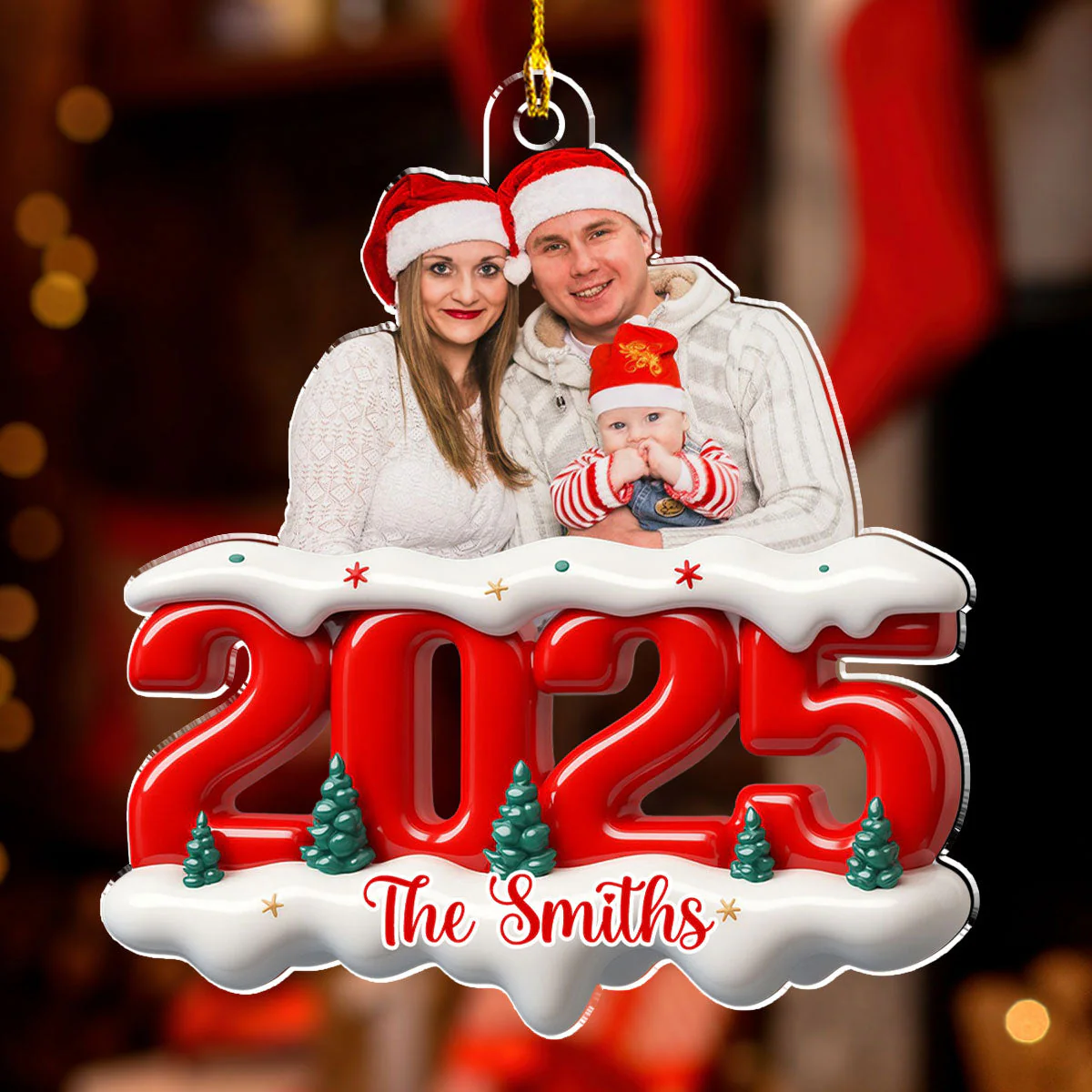 Acrylic Ornament with Custom Photo, Snowy Red Number for Christmas Tree Decor — a unique gift for family or parents - Image 4