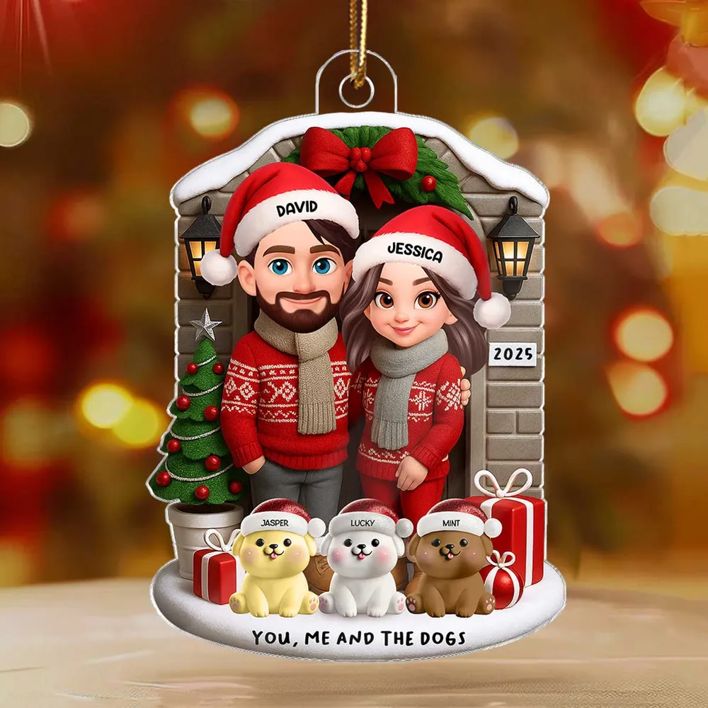 Acrylic Ornament featuring “You, Me and the Dogs” theme, festive sweaters, gifts and tree—perfect holiday gift for Couples and Dog Lovers - Image 2