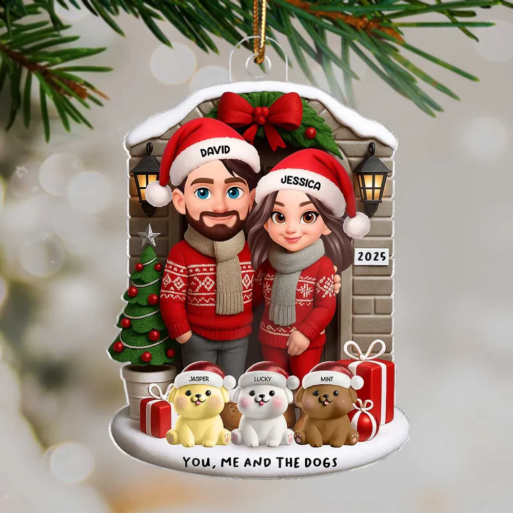 Acrylic Ornament featuring “You, Me and the Dogs” theme, festive sweaters, gifts and tree—perfect holiday gift for Couples and Dog Lovers - Image 3