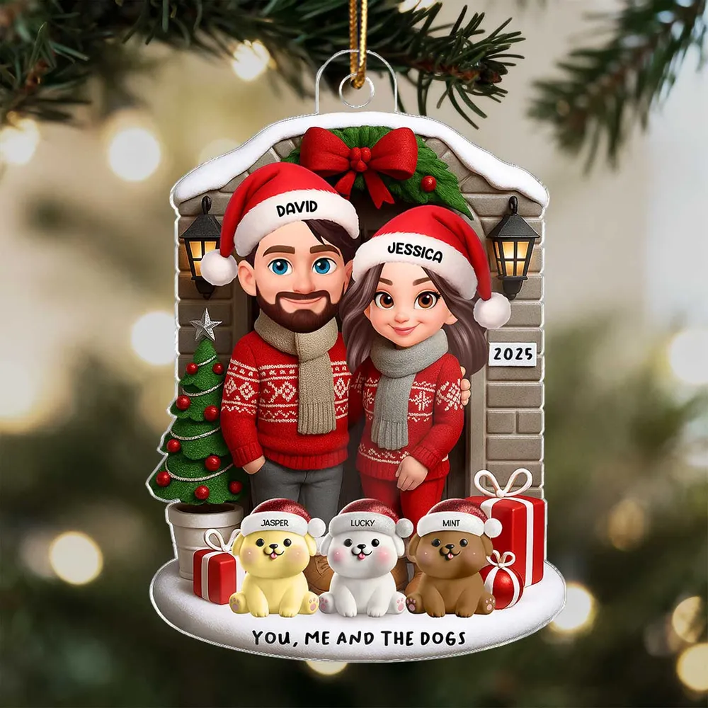 Acrylic Ornament featuring “You, Me and the Dogs” theme, festive sweaters, gifts and tree—perfect holiday gift for Couples and Dog Lovers - Image 4