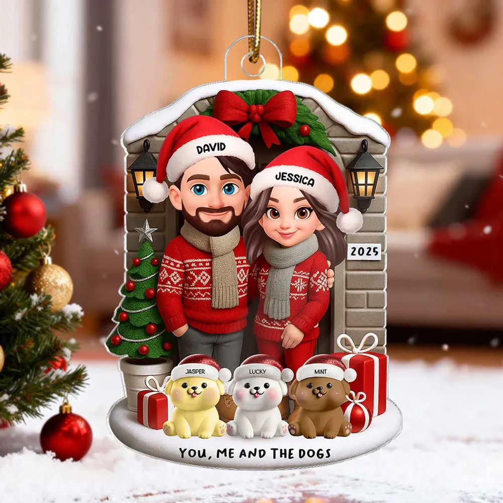 Acrylic Ornament featuring “You, Me and the Dogs” theme, festive sweaters, gifts and tree—perfect holiday gift for Couples and Dog Lovers - Image 5