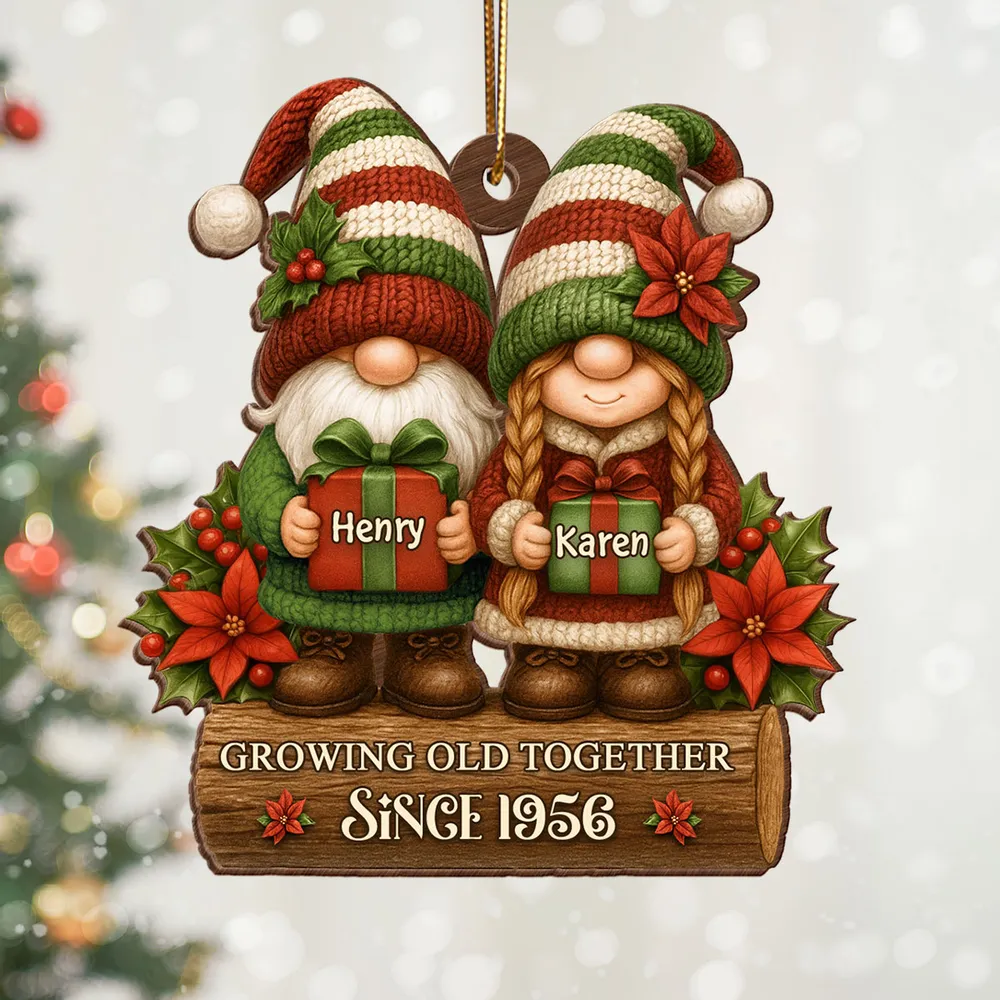 Wooden Ornament with Christmas Gnome Couple Holding Gifts, Clear Print, Perfect Holiday Gift for Couples
